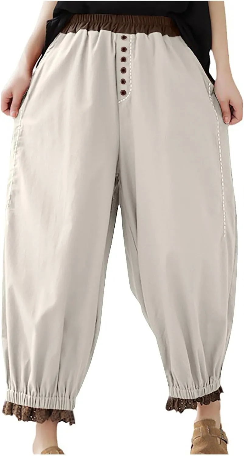 Linen Pants Women Fashion Casual Solid Color Elastic Loose Pants Straight Wide Leg Trousers with Pocket