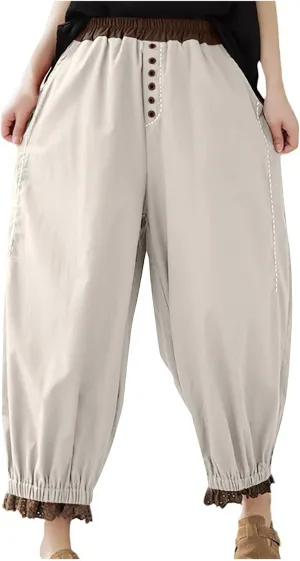 Linen Pants Women Fashion Casual Solid Color Elastic Loose Pants Straight Wide Leg Trousers with Pocket