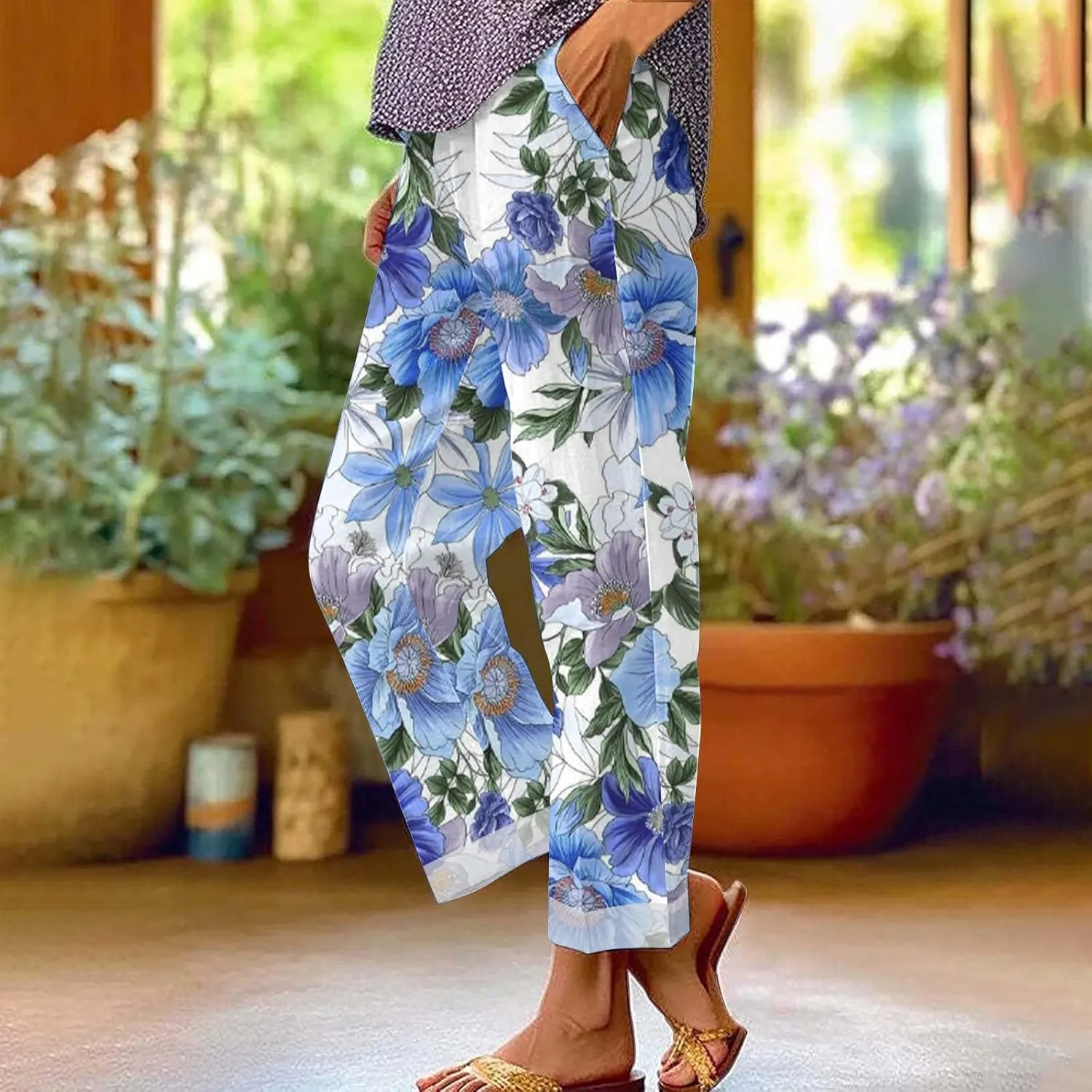 Linen Pants Women Solid Elastic Pants Long Drawstring Linen Women Waist Cotton Casual Pants Beach Trousers with Boho