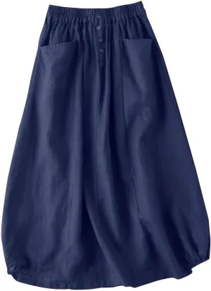 Linen Skirts for Women Button Front Elastic Waist A-Line Midi Skirt Summer Casual Flowy Swing Skirts with Pockets
