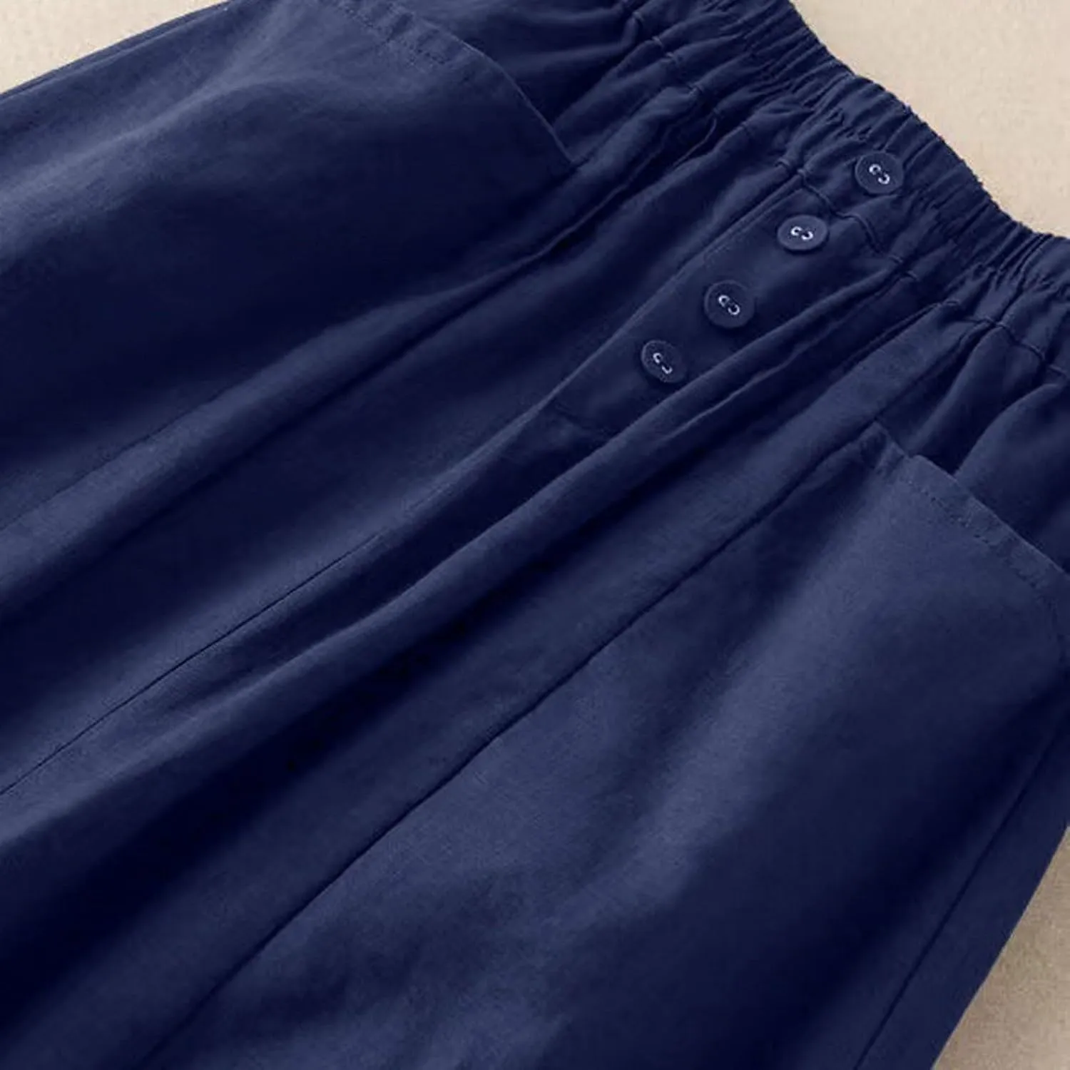 Linen Skirts for Women Button Front Elastic Waist A-Line Midi Skirt Summer Casual Flowy Swing Skirts with Pockets