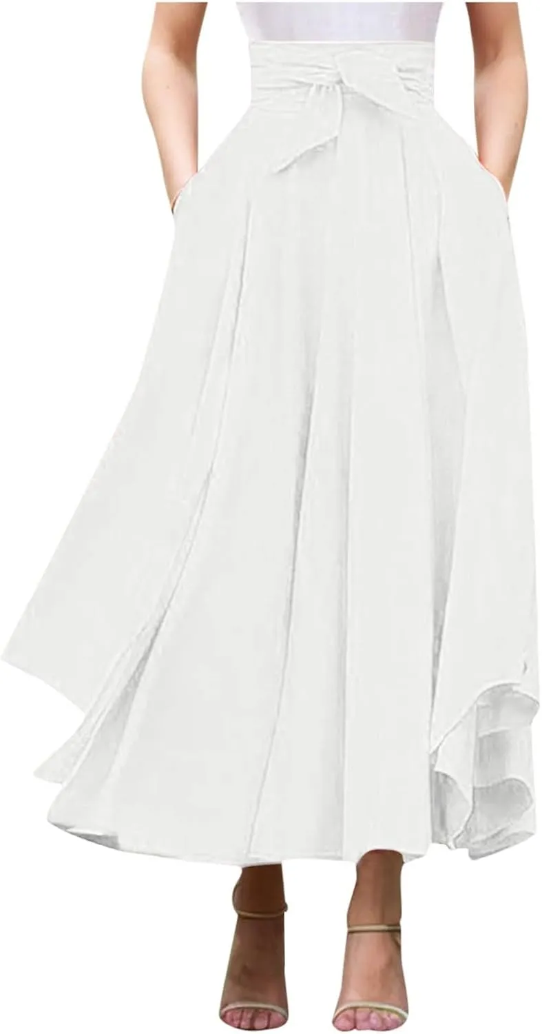 Long Maxi Skirts for Women Tie Front High Waist Side Slit Asymmetrical Irregular A-Line Flowy Boho Skirt with Pockets