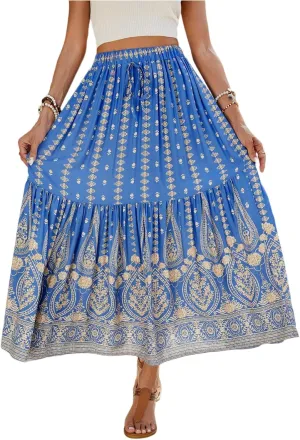 Long Skirts for Women,Wrap Drawstring Tiered Flowy Maxi Skirts 2025 Trendy Sexy Boho Skirt Spring Summer