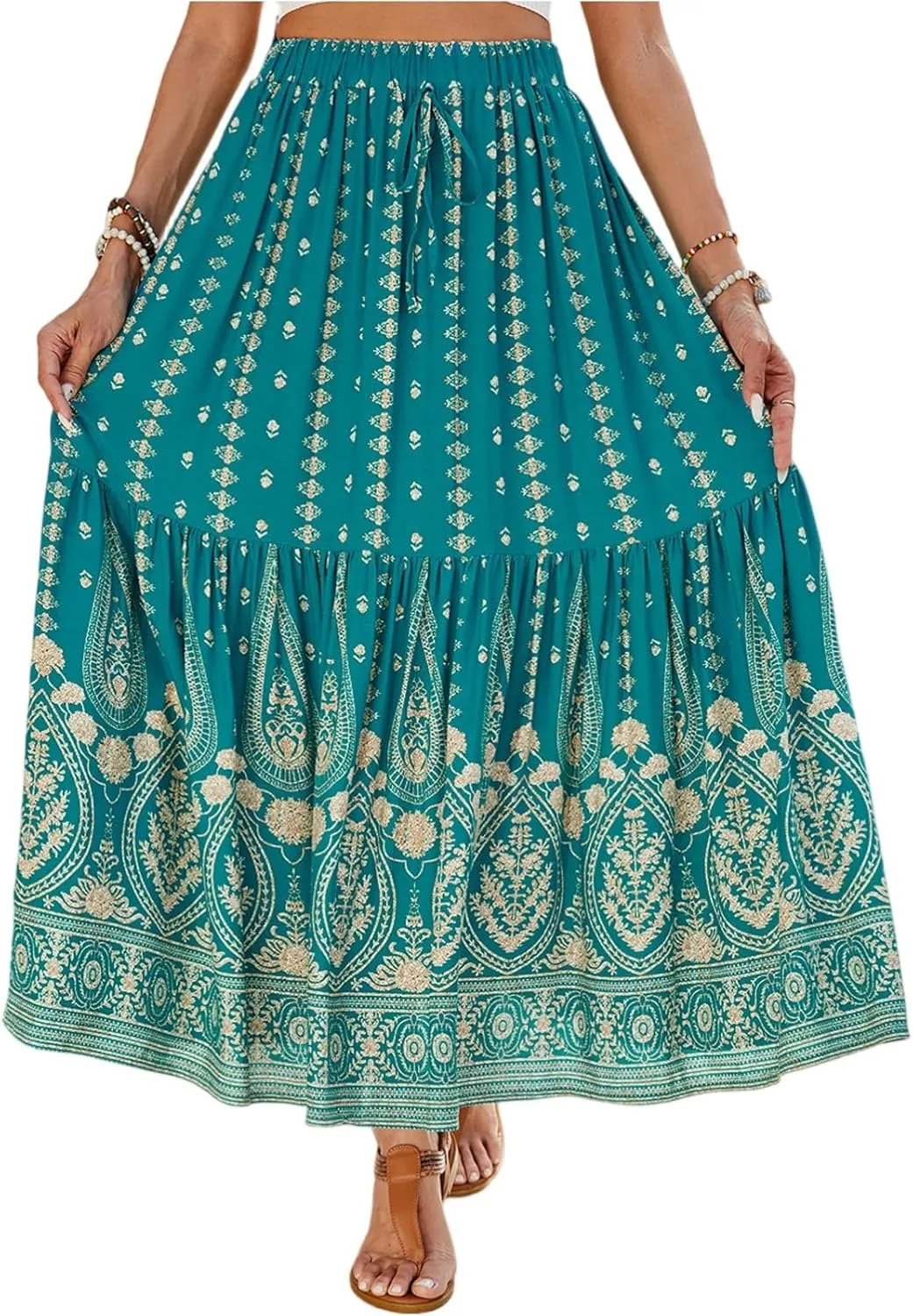 Long Skirts for Women,Wrap Drawstring Tiered Flowy Maxi Skirts 2025 Trendy Sexy Boho Skirt Spring Summer