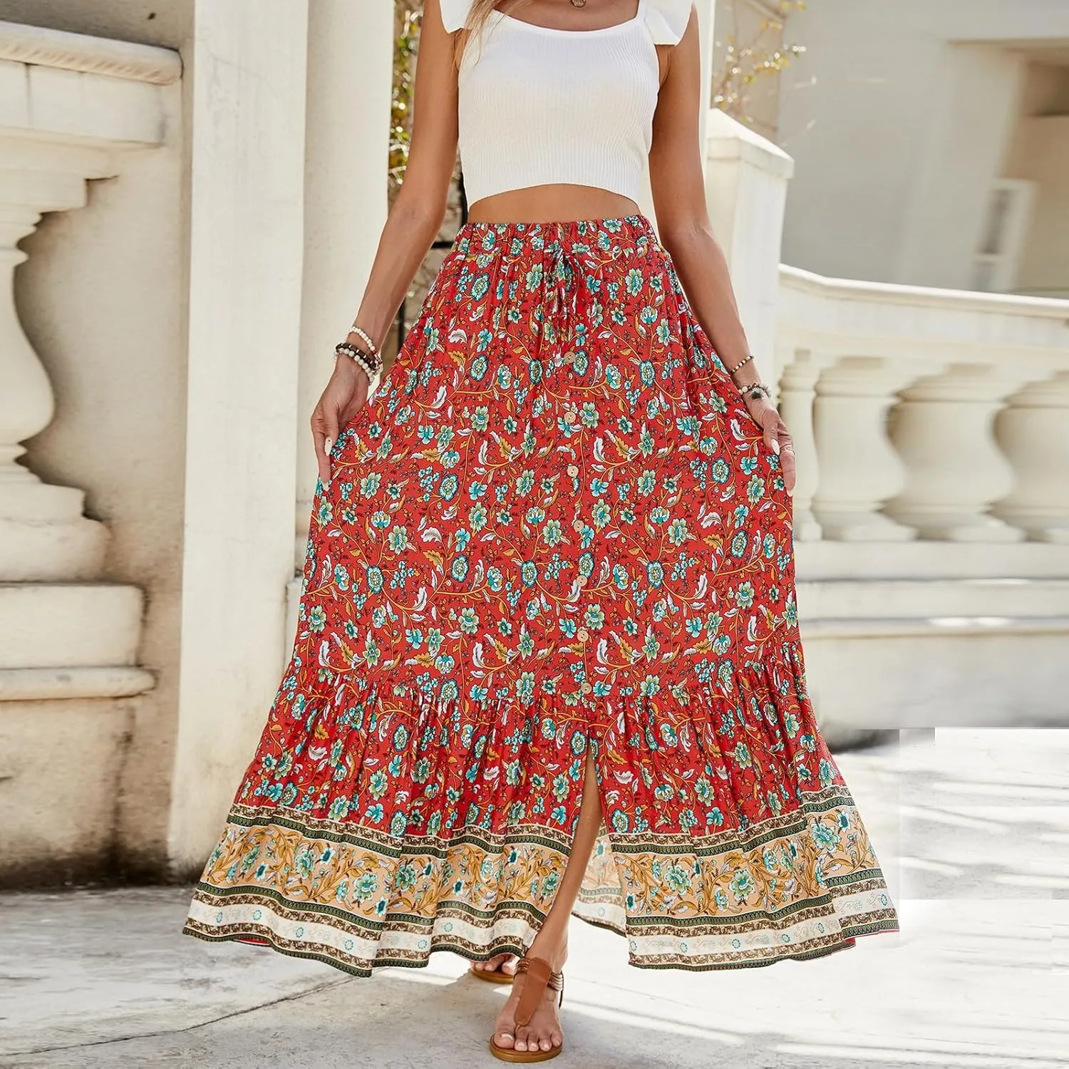 Long Skirts for Women,Wrap Drawstring Tiered Flowy Maxi Skirts 2025 Trendy Sexy Boho Skirt Spring Summer