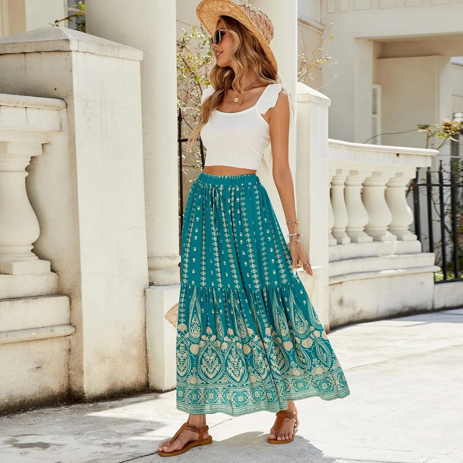 Long Skirts for Women,Wrap Drawstring Tiered Flowy Maxi Skirts 2025 Trendy Sexy Boho Skirt Spring Summer