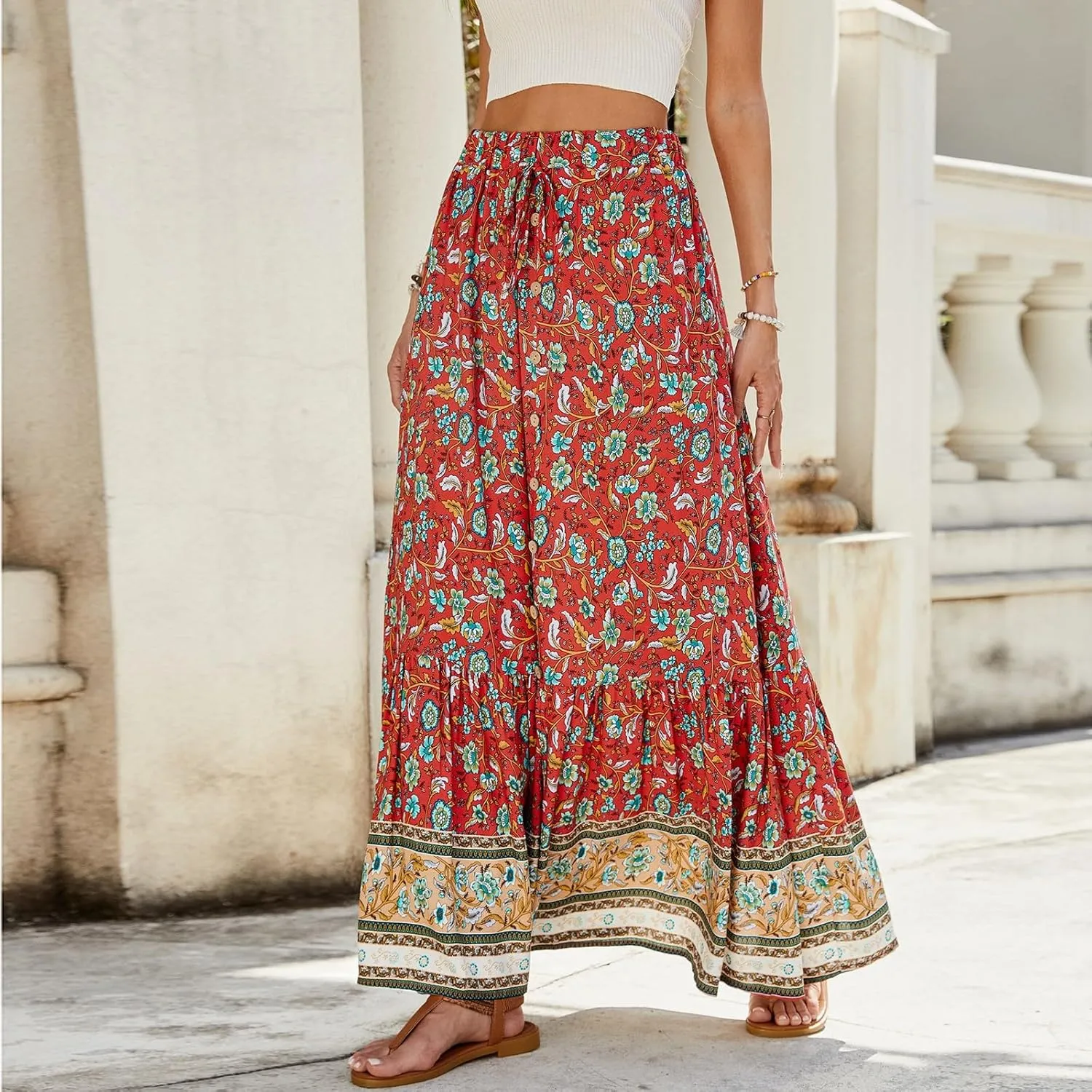 Long Skirts for Women,Wrap Drawstring Tiered Flowy Maxi Skirts 2025 Trendy Sexy Boho Skirt Spring Summer