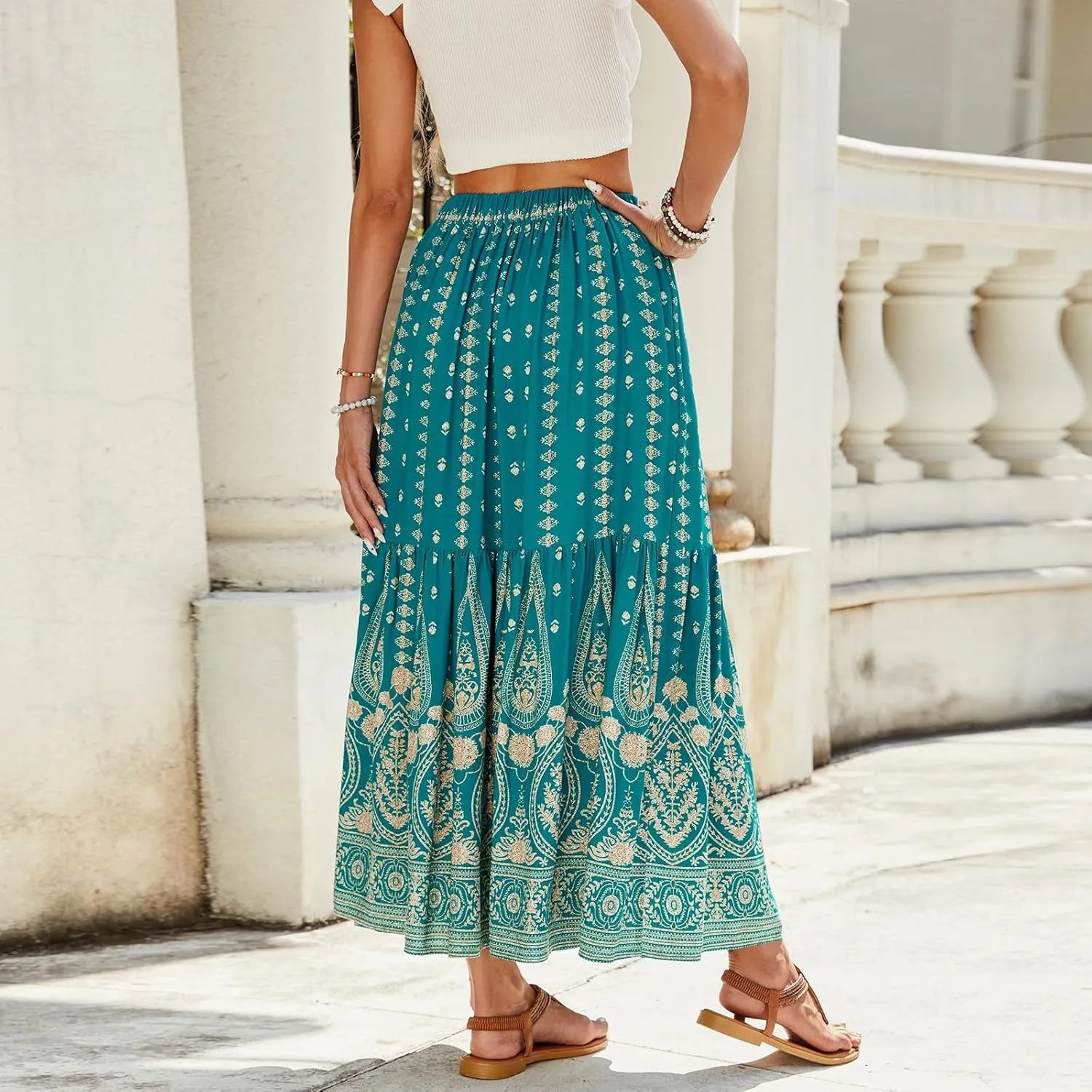 Long Skirts for Women,Wrap Drawstring Tiered Flowy Maxi Skirts 2025 Trendy Sexy Boho Skirt Spring Summer