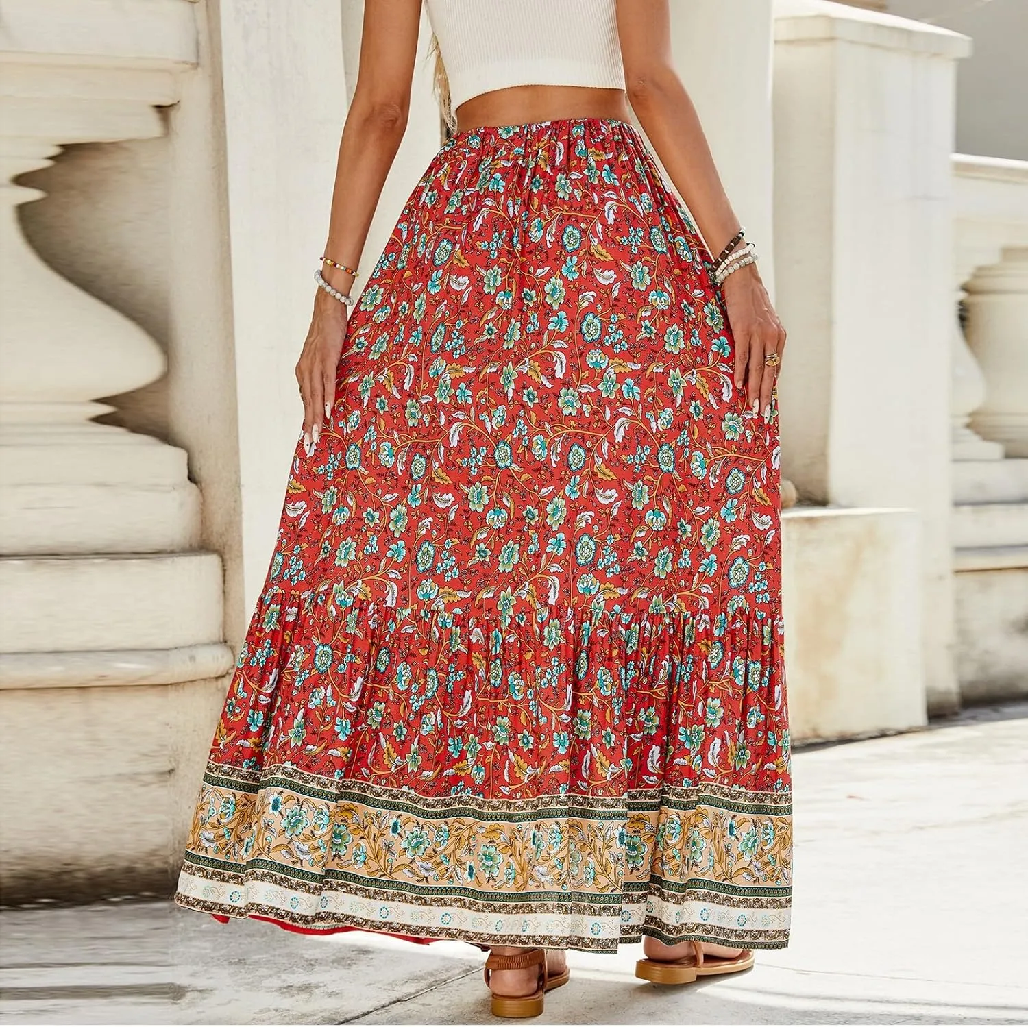 Long Skirts for Women,Wrap Drawstring Tiered Flowy Maxi Skirts 2025 Trendy Sexy Boho Skirt Spring Summer