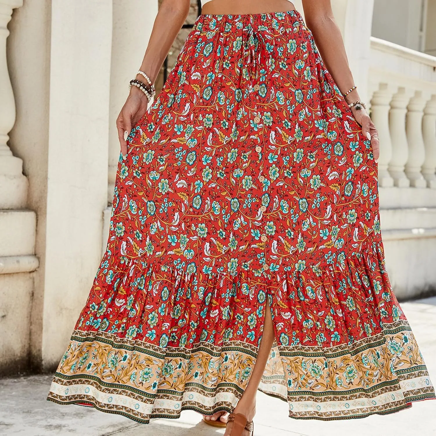 Long Skirts for Women,Wrap Drawstring Tiered Flowy Maxi Skirts 2025 Trendy Sexy Boho Skirt Spring Summer