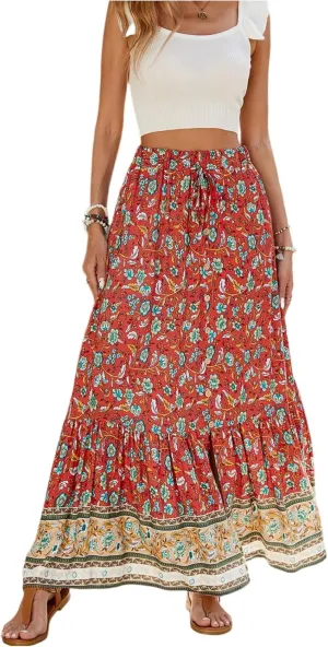 Long Skirts for Women,Wrap Drawstring Tiered Flowy Maxi Skirts 2025 Trendy Sexy Boho Skirt Spring Summer