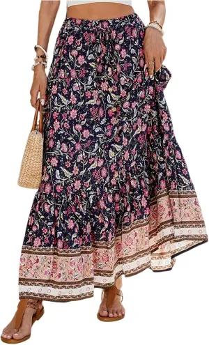 Long Skirts for Women,Wrap Drawstring Tiered Flowy Maxi Skirts 2025 Trendy Sexy Boho Skirt Spring Summer