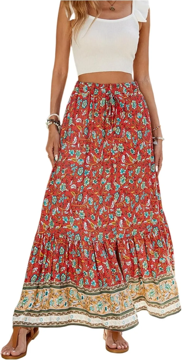 Long Skirts for Women,Wrap Drawstring Tiered Flowy Maxi Skirts 2025 Trendy Sexy Boho Skirt Spring Summer