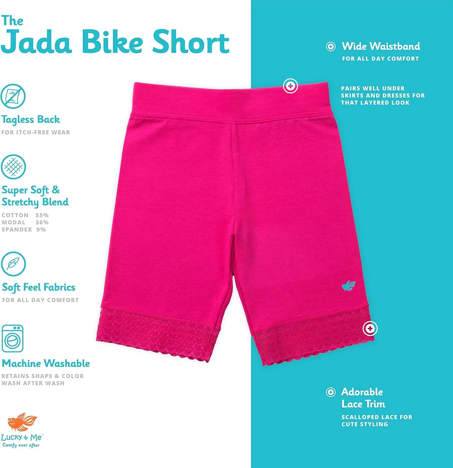 Lucky & Me Girls Bike Shorts, Super Soft Cotton Modal Blend with Lace Trim, Jada 3 Pack