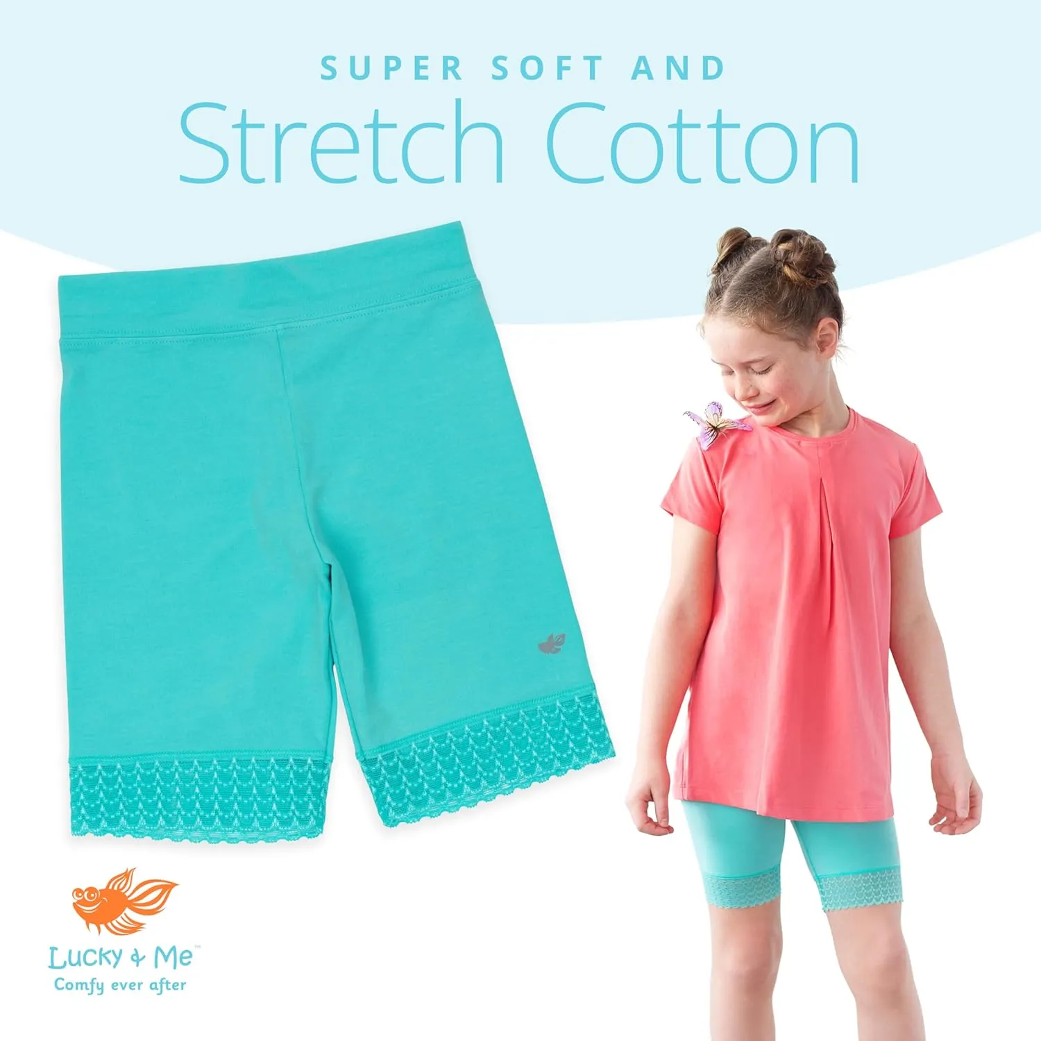 Lucky & Me Girls Bike Shorts, Super Soft Cotton Modal Blend with Lace Trim, Jada 3 Pack