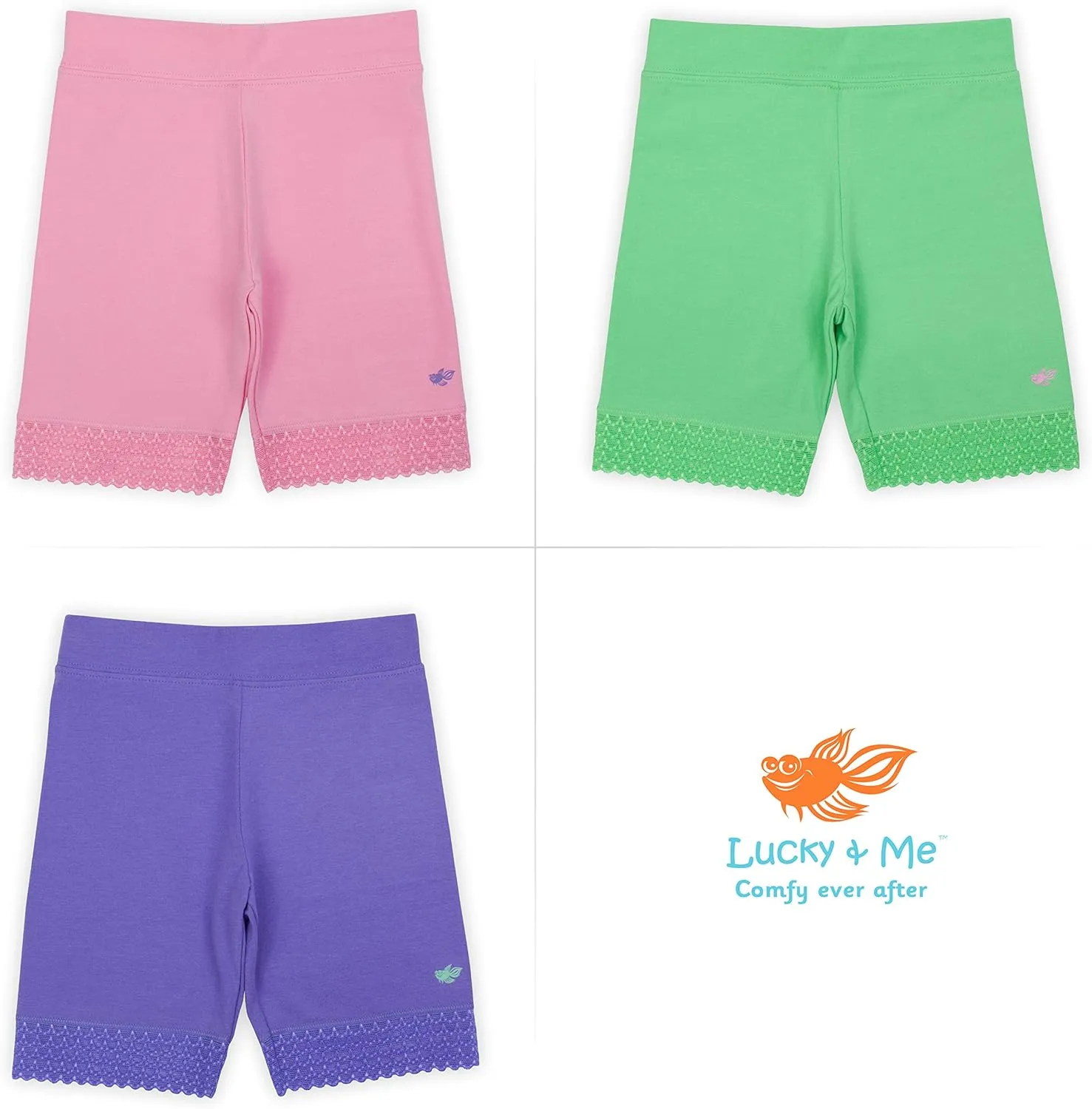 Lucky & Me Girls Bike Shorts, Super Soft Cotton Modal Blend with Lace Trim, Jada 3 Pack