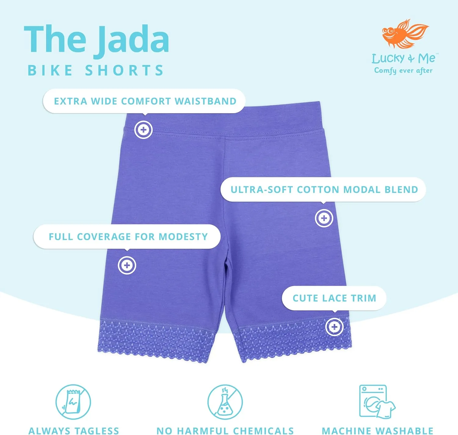 Lucky & Me Girls Bike Shorts, Super Soft Cotton Modal Blend with Lace Trim, Jada 3 Pack