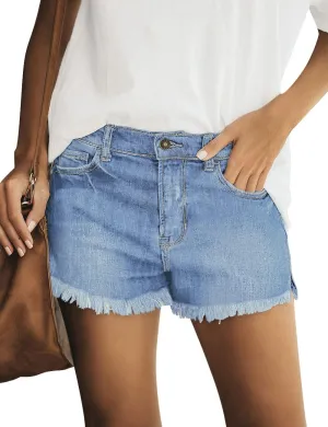 luvamia Women's Casual Mid Rise Denim Shorts Stretch Ripped Raw Hem Jean Shorts