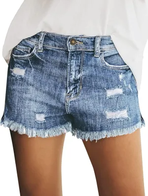 luvamia Women's Casual Mid Rise Denim Shorts Stretch Ripped Raw Hem Jean Shorts