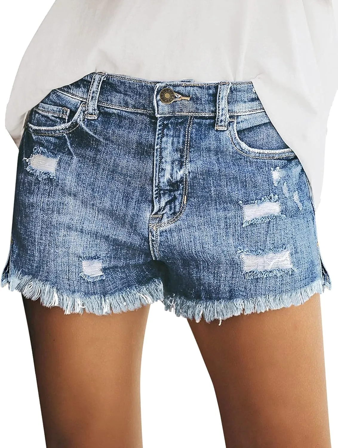 luvamia Women's Casual Mid Rise Denim Shorts Stretch Ripped Raw Hem Jean Shorts