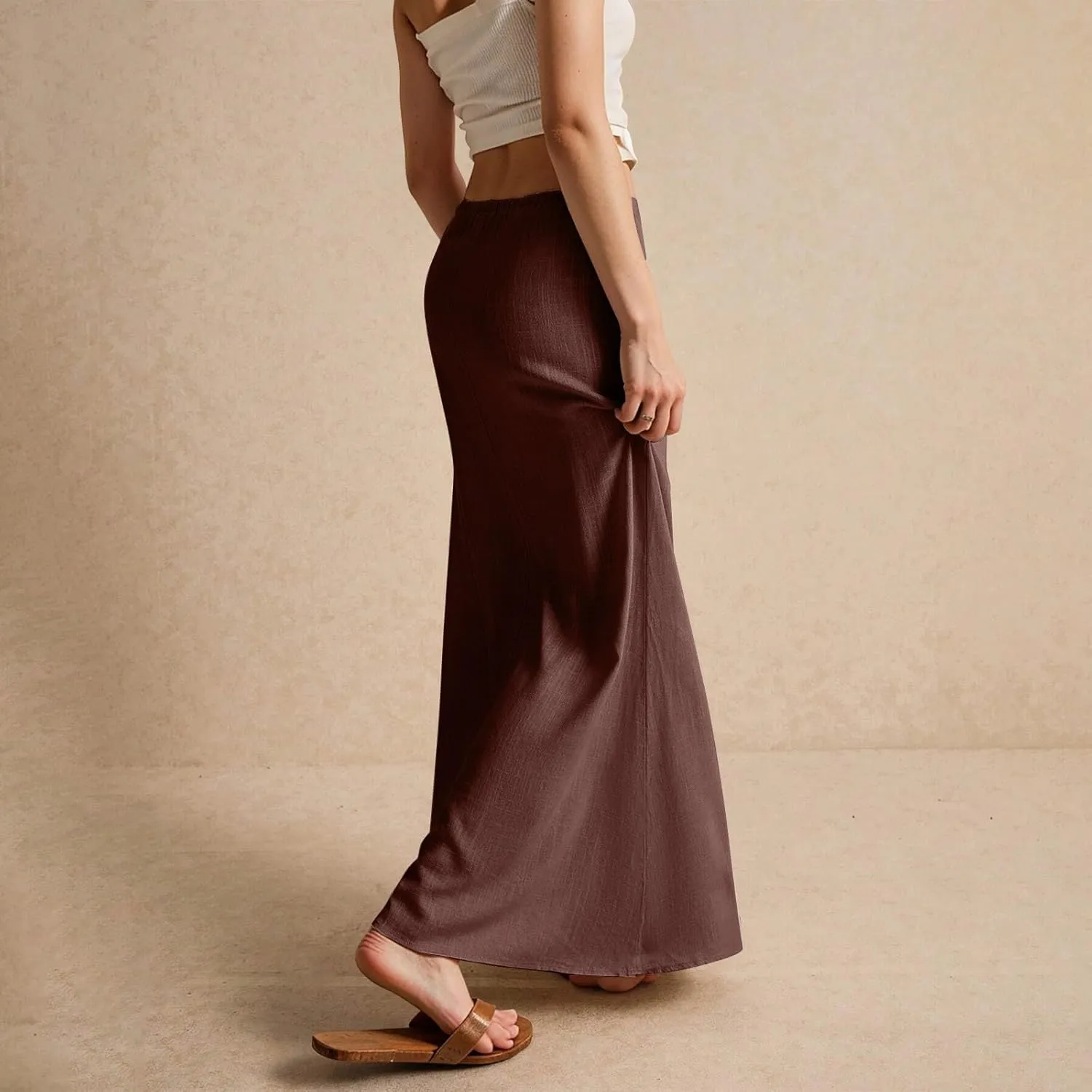 Maxi Skirt Comfy Drawstring Low Rise Womens Linen Skirt with Slit Beach Long Flowy Skirts Summer Plus Size