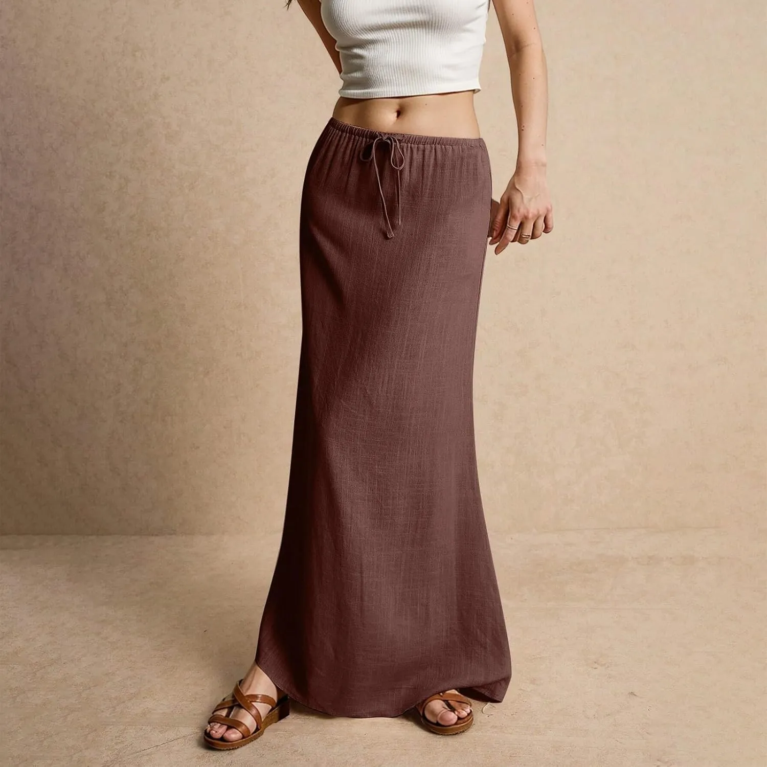 Maxi Skirt Comfy Drawstring Low Rise Womens Linen Skirt with Slit Beach Long Flowy Skirts Summer Plus Size