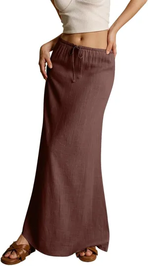 Maxi Skirt Comfy Drawstring Low Rise Womens Linen Skirt with Slit Beach Long Flowy Skirts Summer Plus Size