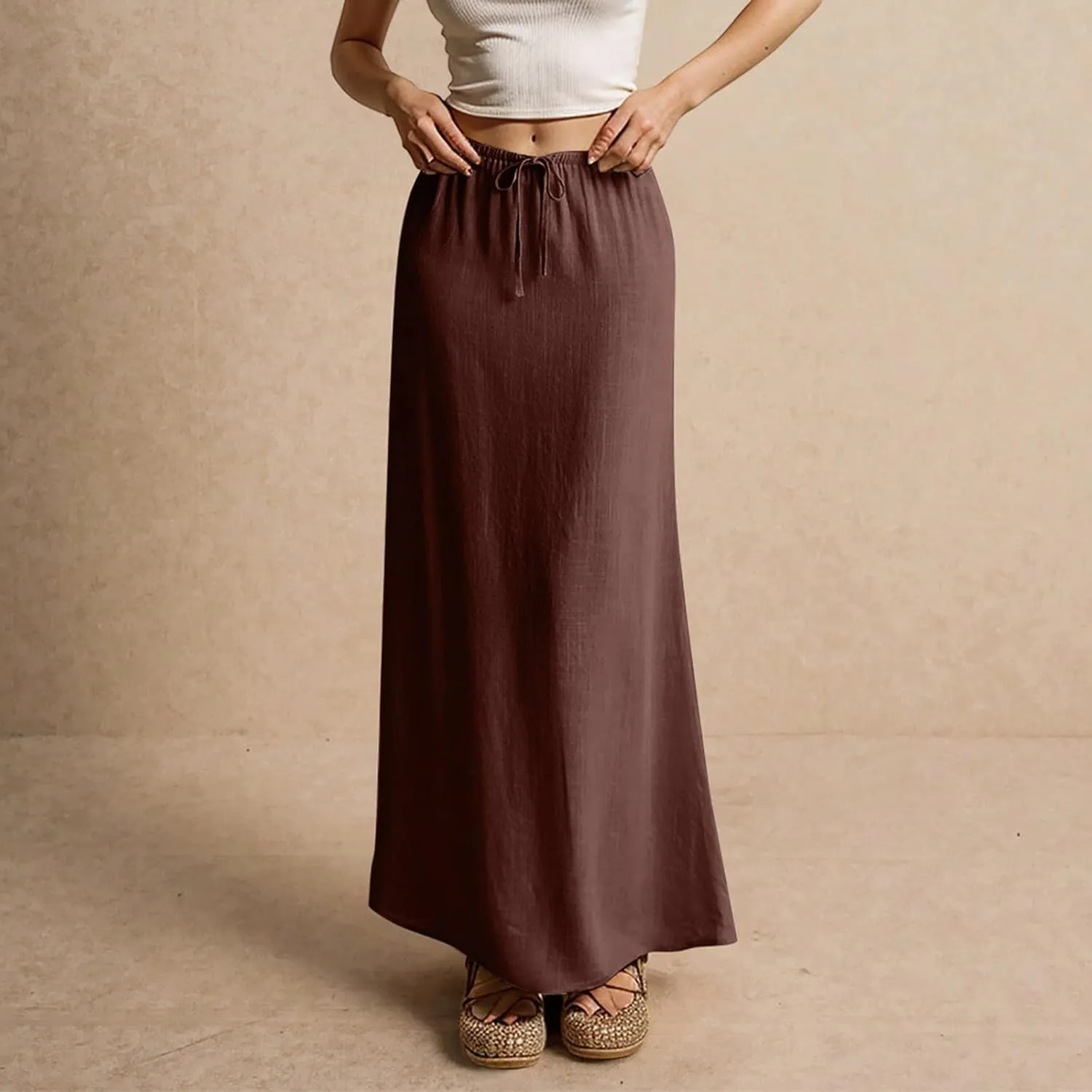 Maxi Skirt Comfy Drawstring Low Rise Womens Linen Skirt with Slit Beach Long Flowy Skirts Summer Plus Size