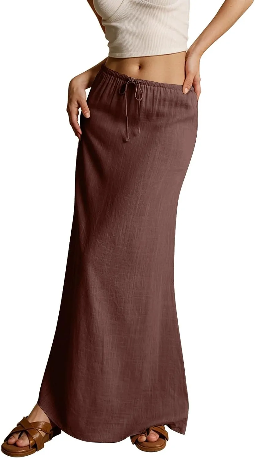Maxi Skirt Comfy Drawstring Low Rise Womens Linen Skirt with Slit Beach Long Flowy Skirts Summer Plus Size