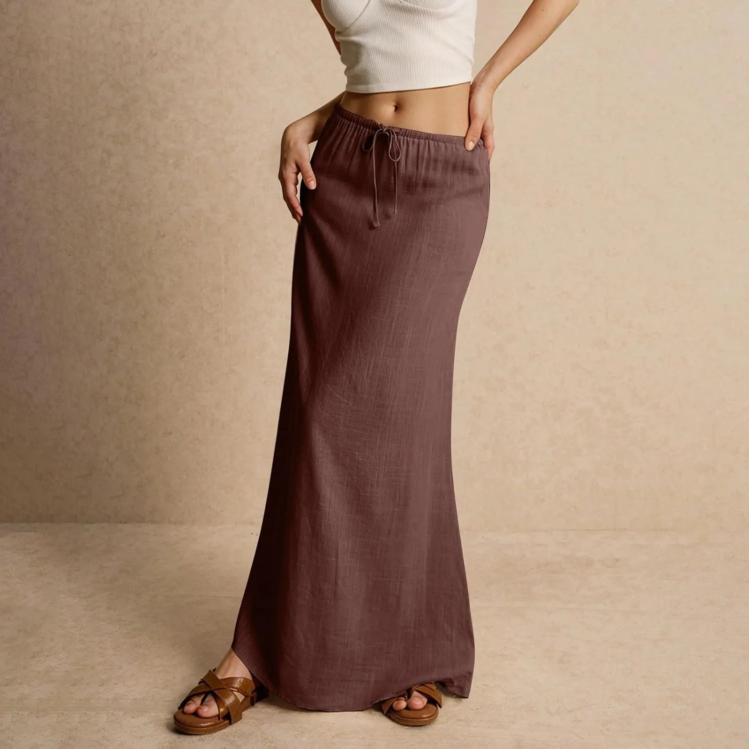 Maxi Skirt Comfy Drawstring Low Rise Womens Linen Skirt with Slit Beach Long Flowy Skirts Summer Plus Size