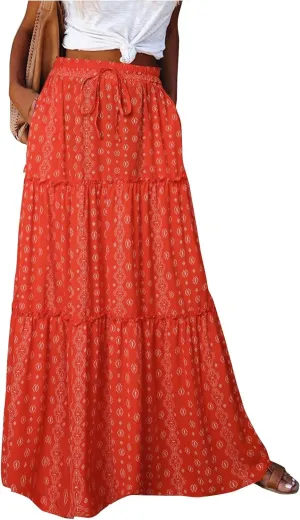 Maxi Skirt for Women 2025 Summer Layered Tiered Elastic Skirt Ruffle A Line Skirts Long Bohemian Skirts with Pockets