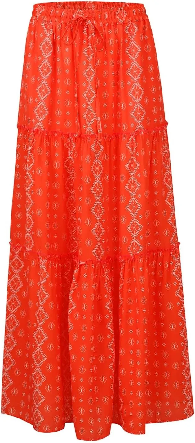 Maxi Skirt for Women 2025 Summer Layered Tiered Elastic Skirt Ruffle A Line Skirts Long Bohemian Skirts with Pockets