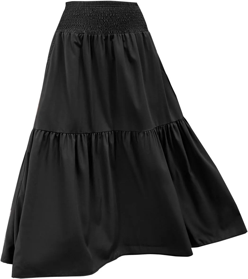 Maxi Skirt for Women Summer Casual Elastic High Waist Pleated A Line Flowy Swing Tiered Beach Vacation Skirts