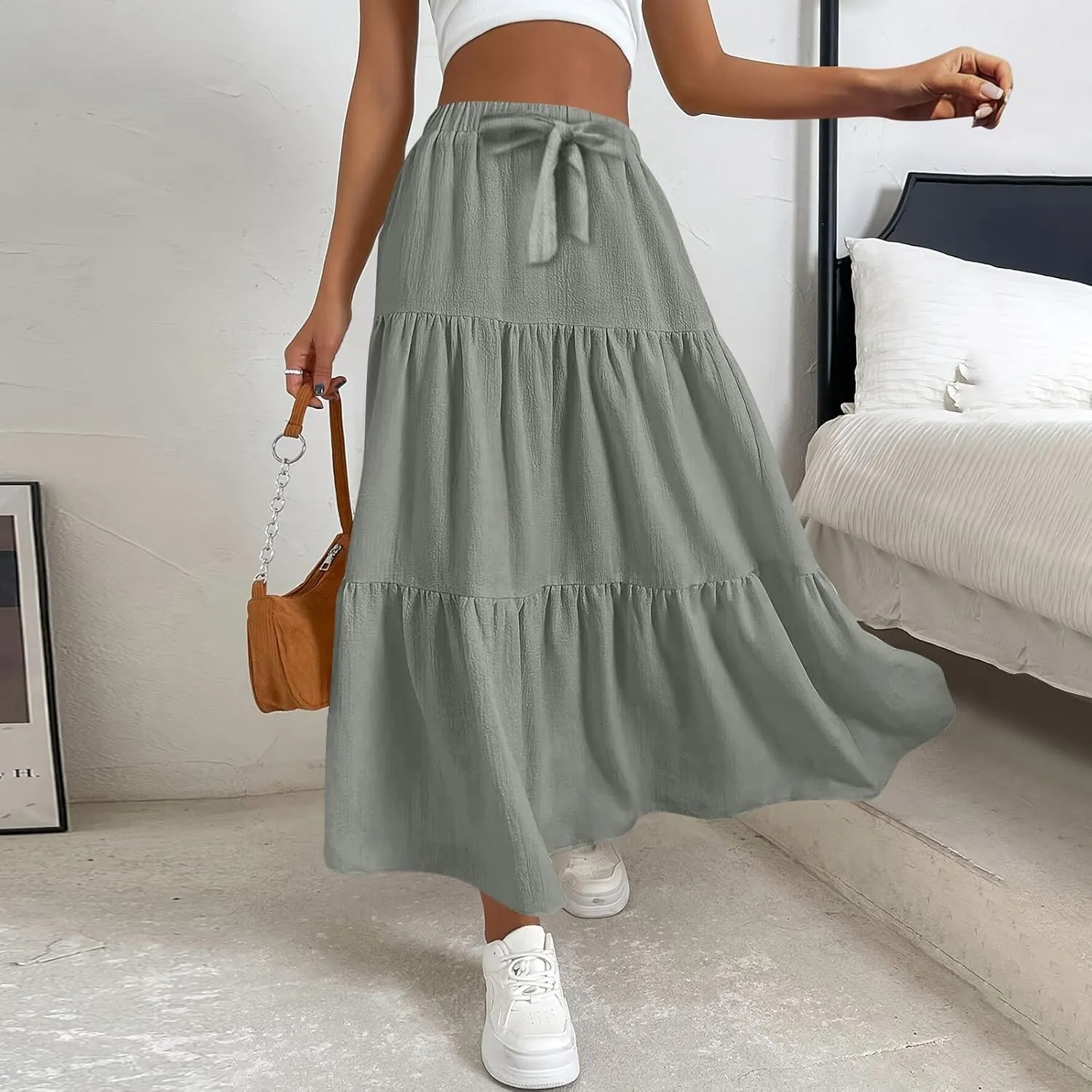 Maxi Skirt for Women Summer Drawstring High Waisted Aline Skirts Swing Tiered Ruffle Long Beach Skirt (S-2Xl)