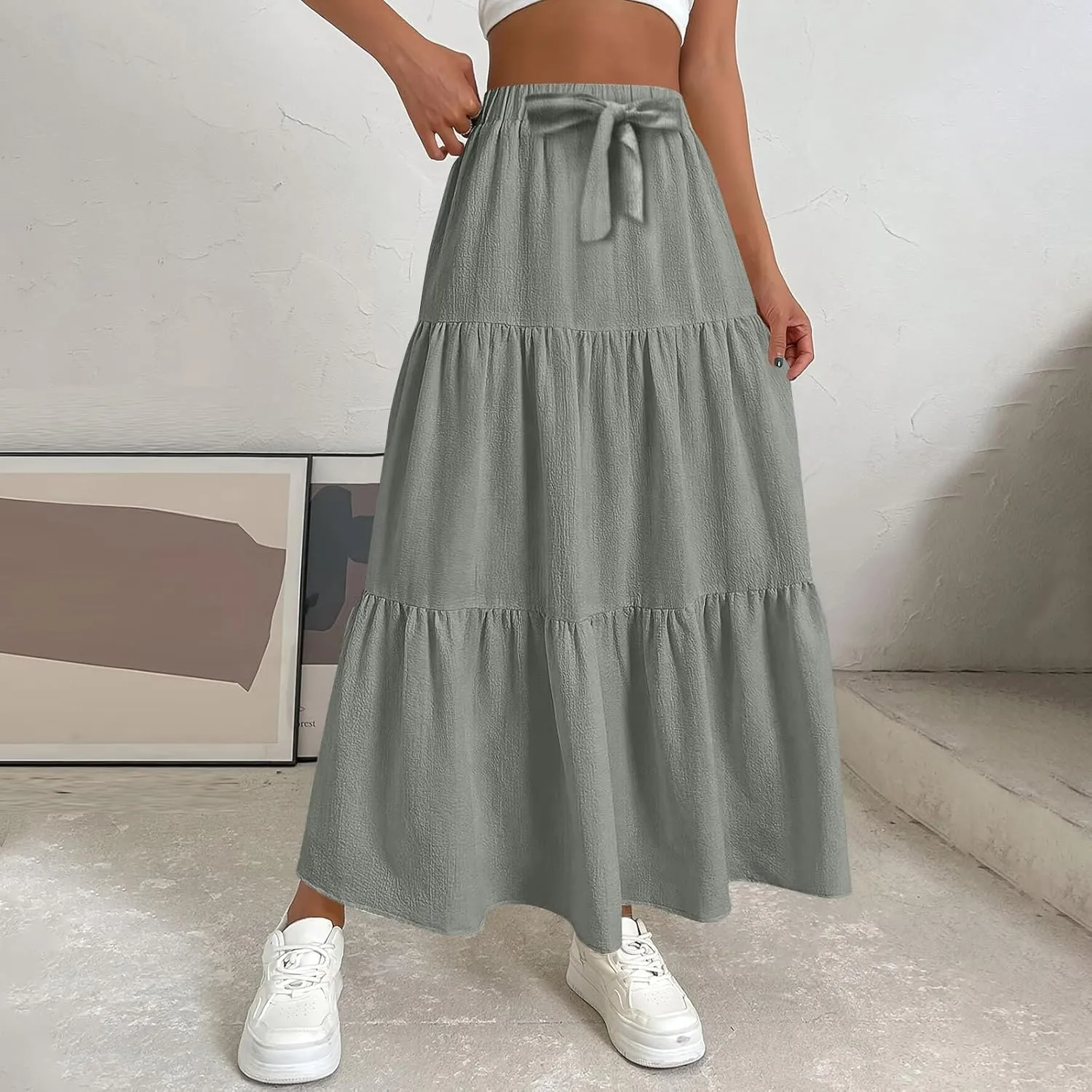 Maxi Skirt for Women Summer Drawstring High Waisted Aline Skirts Swing Tiered Ruffle Long Beach Skirt (S-2Xl)