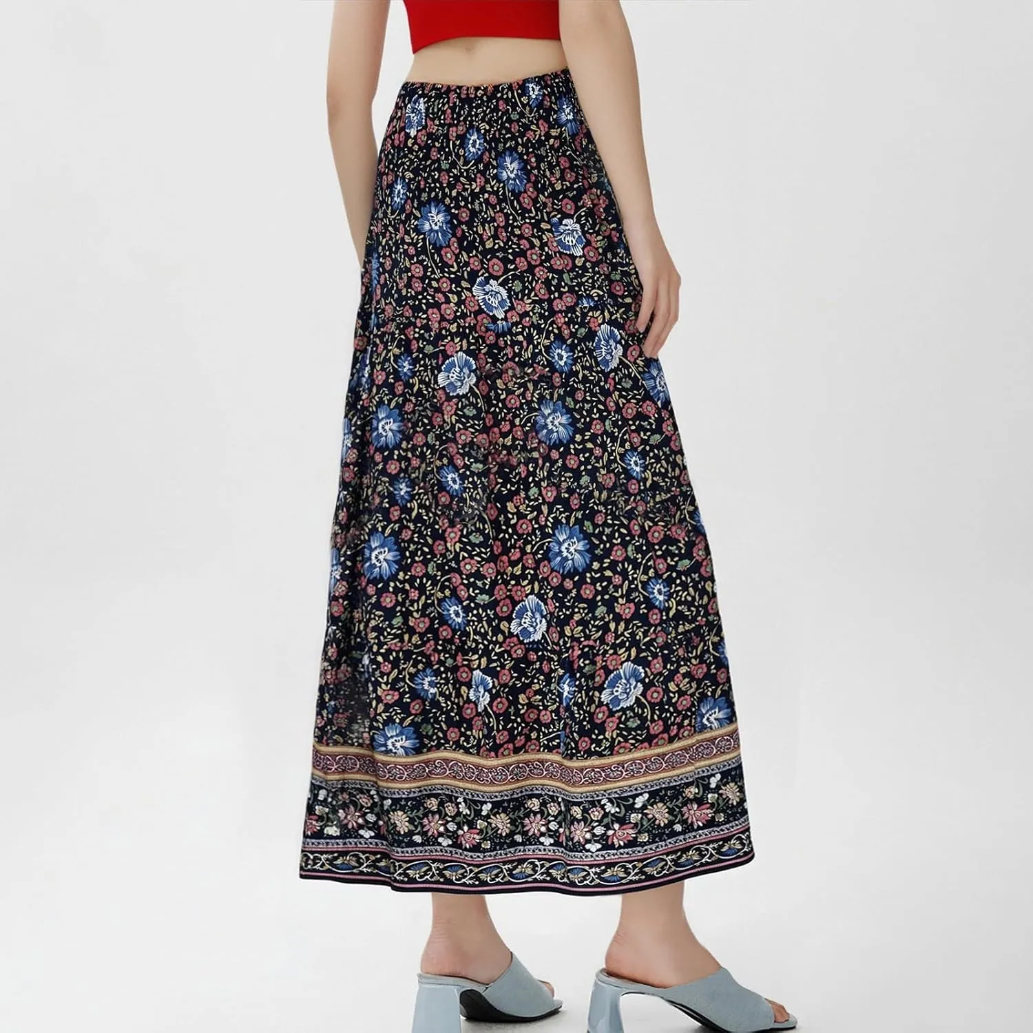 Maxi Skirts for Women 2025 Summer Drawstring High Waisted A-Line Skirts Work Layered Tiered Smocked Skirt Long
