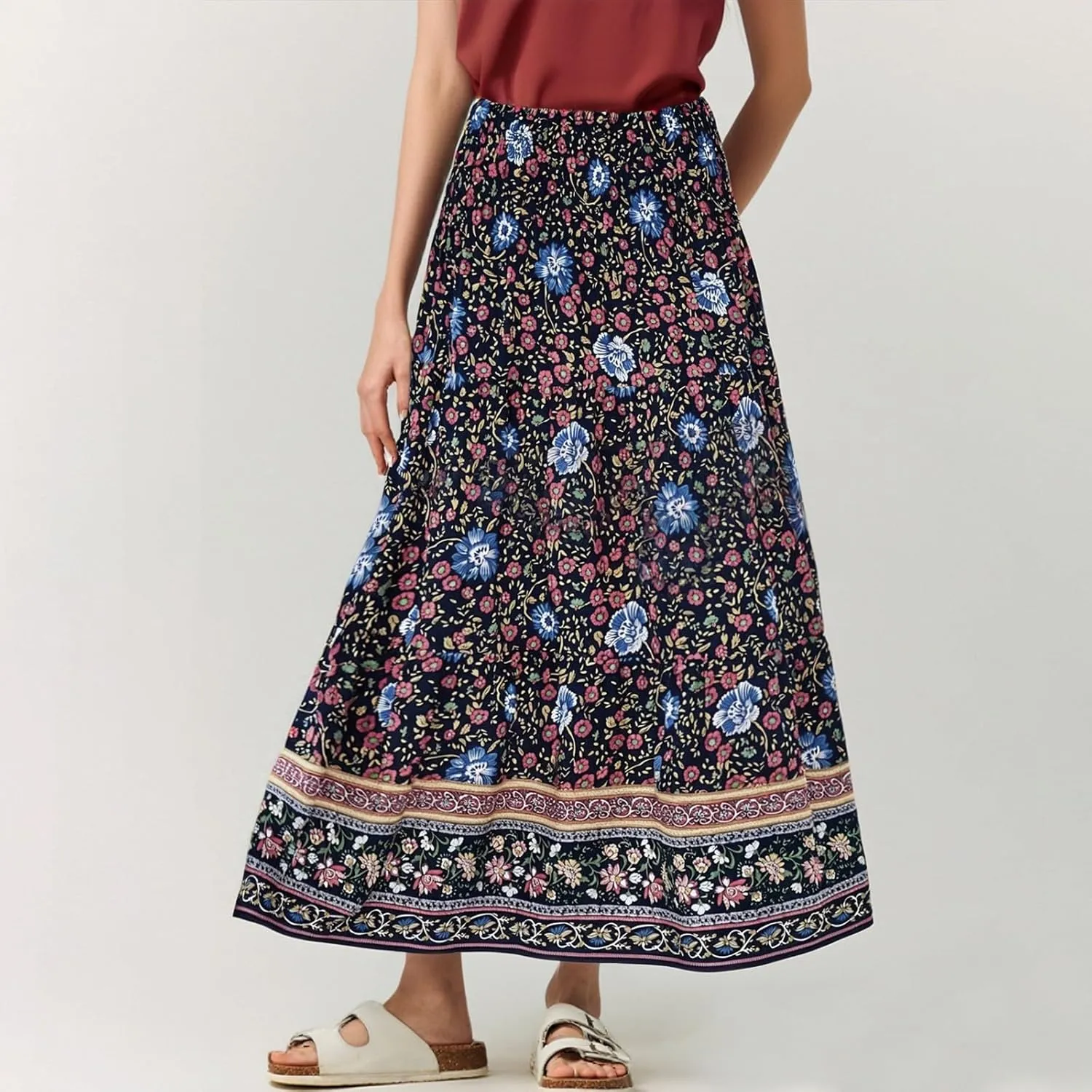 Maxi Skirts for Women 2025 Summer Drawstring High Waisted A-Line Skirts Work Layered Tiered Smocked Skirt Long