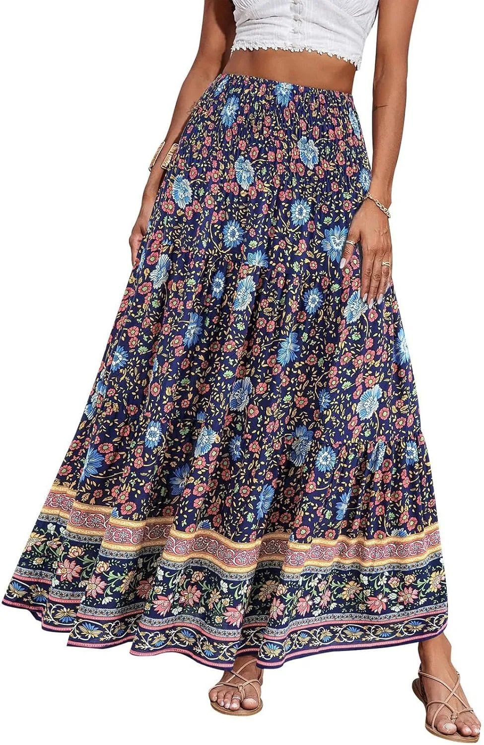 Maxi Skirts for Women 2025 Summer Drawstring High Waisted A-Line Skirts Work Layered Tiered Smocked Skirt Long