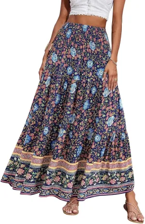 Maxi Skirts for Women 2025 Summer Drawstring High Waisted A-Line Skirts Work Layered Tiered Smocked Skirt Long