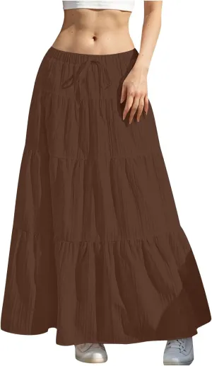 Maxi Skirts for Women Flowy Low Waist Elastic Waist Drawstring Tie-up Tiered Solid Color Casual A Line Skirt