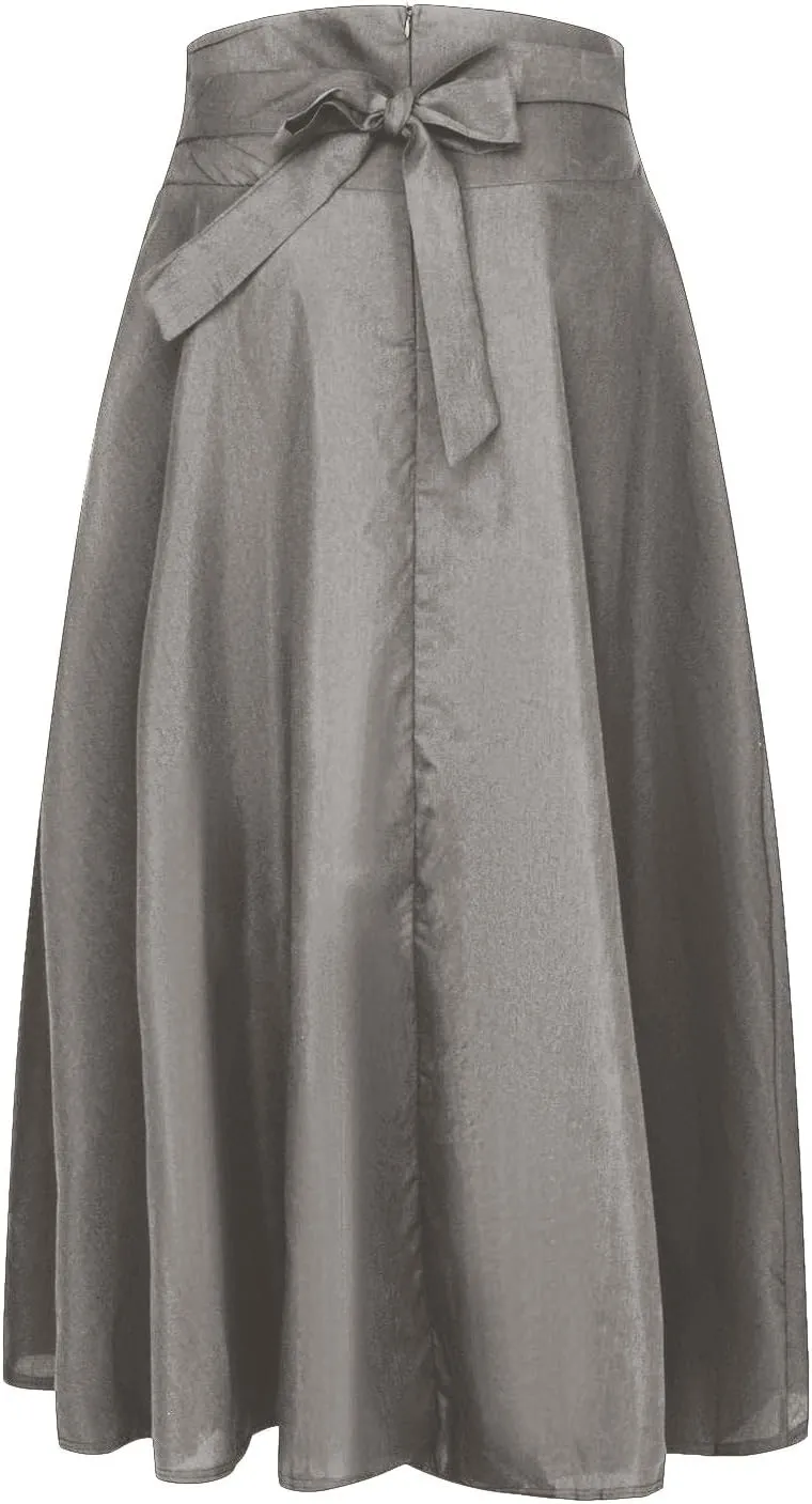 Maxi Skirts for Women High Waisted Side Slit Belted Pocket Midi Length Retro Casual Boho Flowy Skirt Layered Design