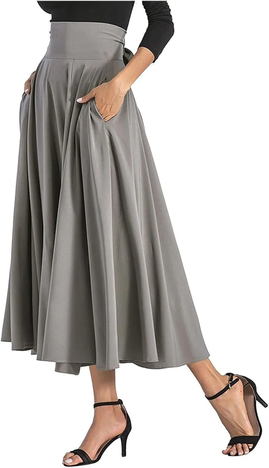 Maxi Skirts for Women High Waisted Side Slit Belted Pocket Midi Length Retro Casual Boho Flowy Skirt Layered Design