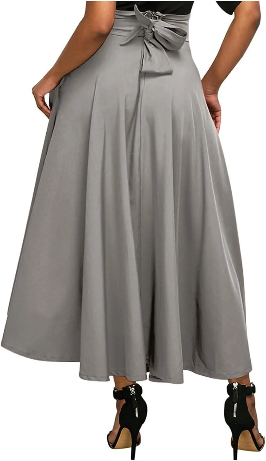 Maxi Skirts for Women High Waisted Side Slit Belted Pocket Midi Length Retro Casual Boho Flowy Skirt Layered Design