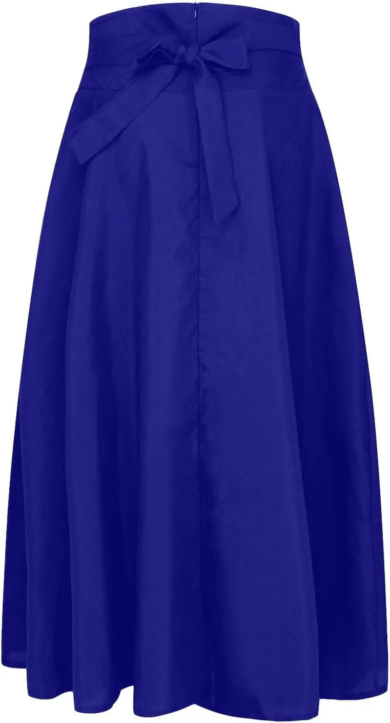Maxi Skirts for Women High Waisted Side Slit Belted Pocket Midi Length Retro Casual Boho Flowy Skirt Layered Design