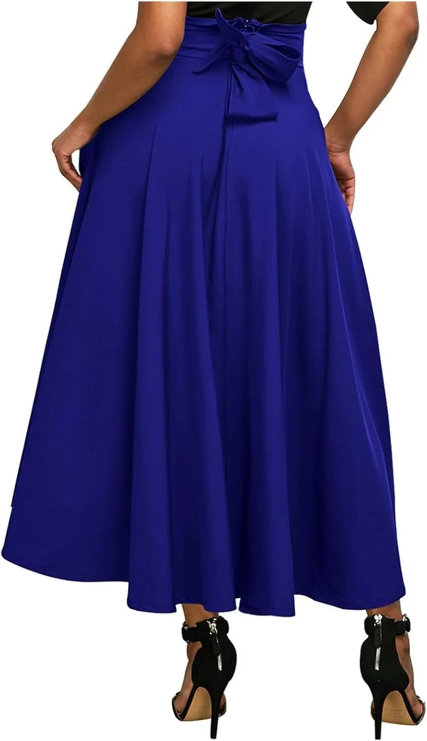Maxi Skirts for Women High Waisted Side Slit Belted Pocket Midi Length Retro Casual Boho Flowy Skirt Layered Design