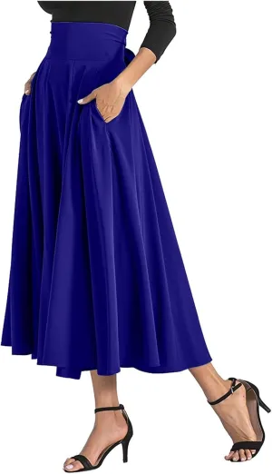 Maxi Skirts for Women High Waisted Side Slit Belted Pocket Midi Length Retro Casual Boho Flowy Skirt Layered Design