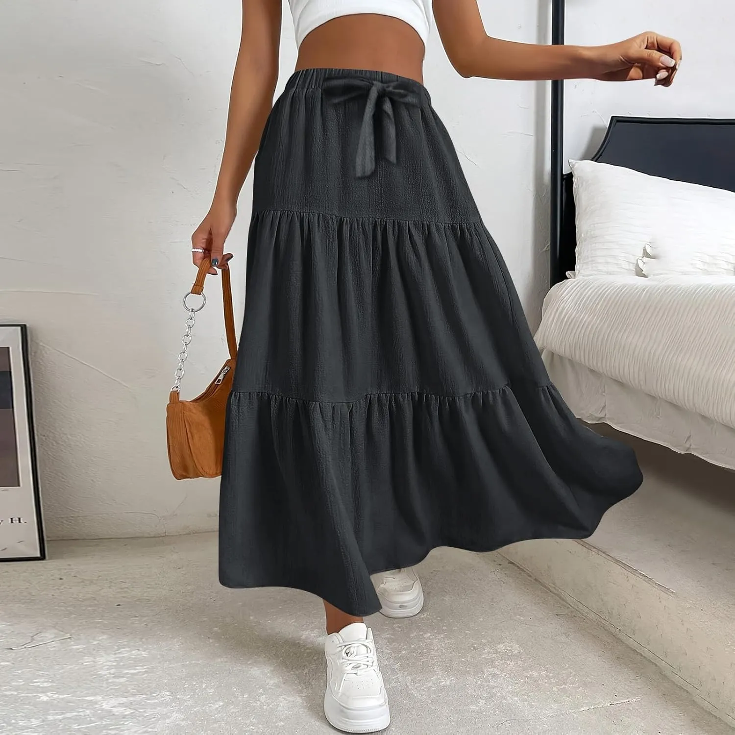 Maxi Skirts for Women Summer 3-Layer Tiered Elastic High Waisted Beach Skirt Smocked A Line Skirts Flowy Long Skirt