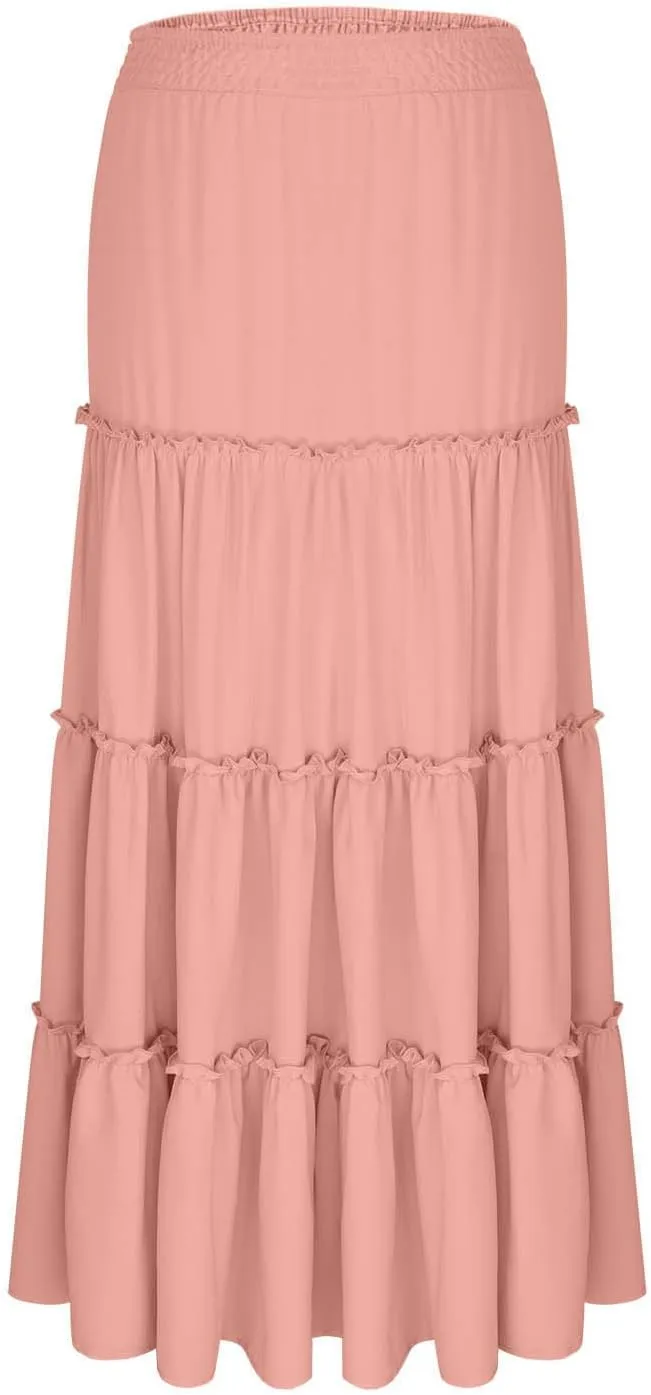 Maxi Summer Skirts Women Ruffle Trim Tiered Long Skirts High Waisted Boho Flowy Skirts A Line Wedding Guest Skirts