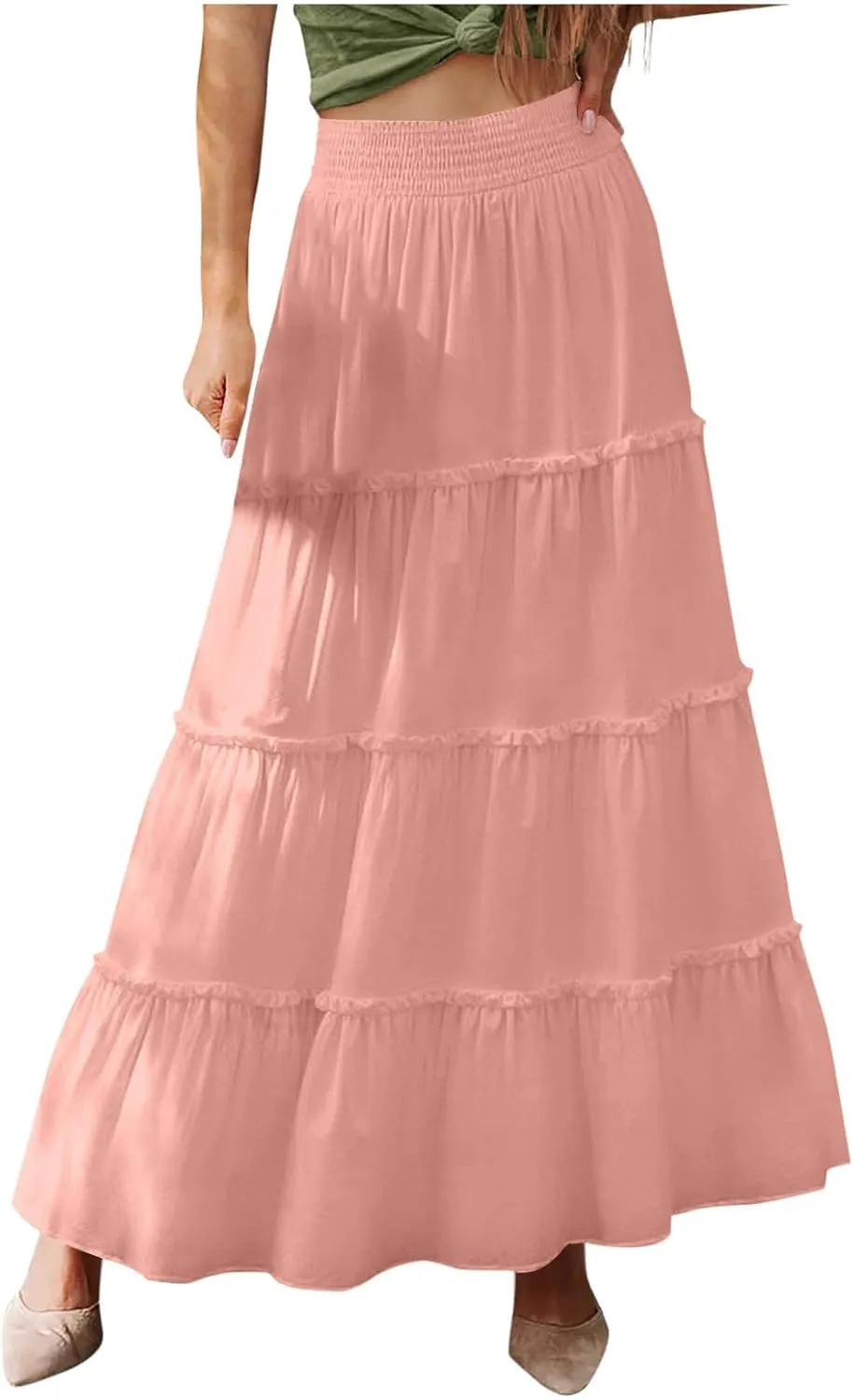 Maxi Summer Skirts Women Ruffle Trim Tiered Long Skirts High Waisted Boho Flowy Skirts A Line Wedding Guest Skirts