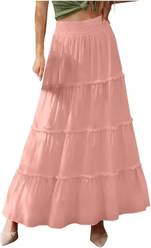Maxi Summer Skirts Women Ruffle Trim Tiered Long Skirts High Waisted Boho Flowy Skirts A Line Wedding Guest Skirts